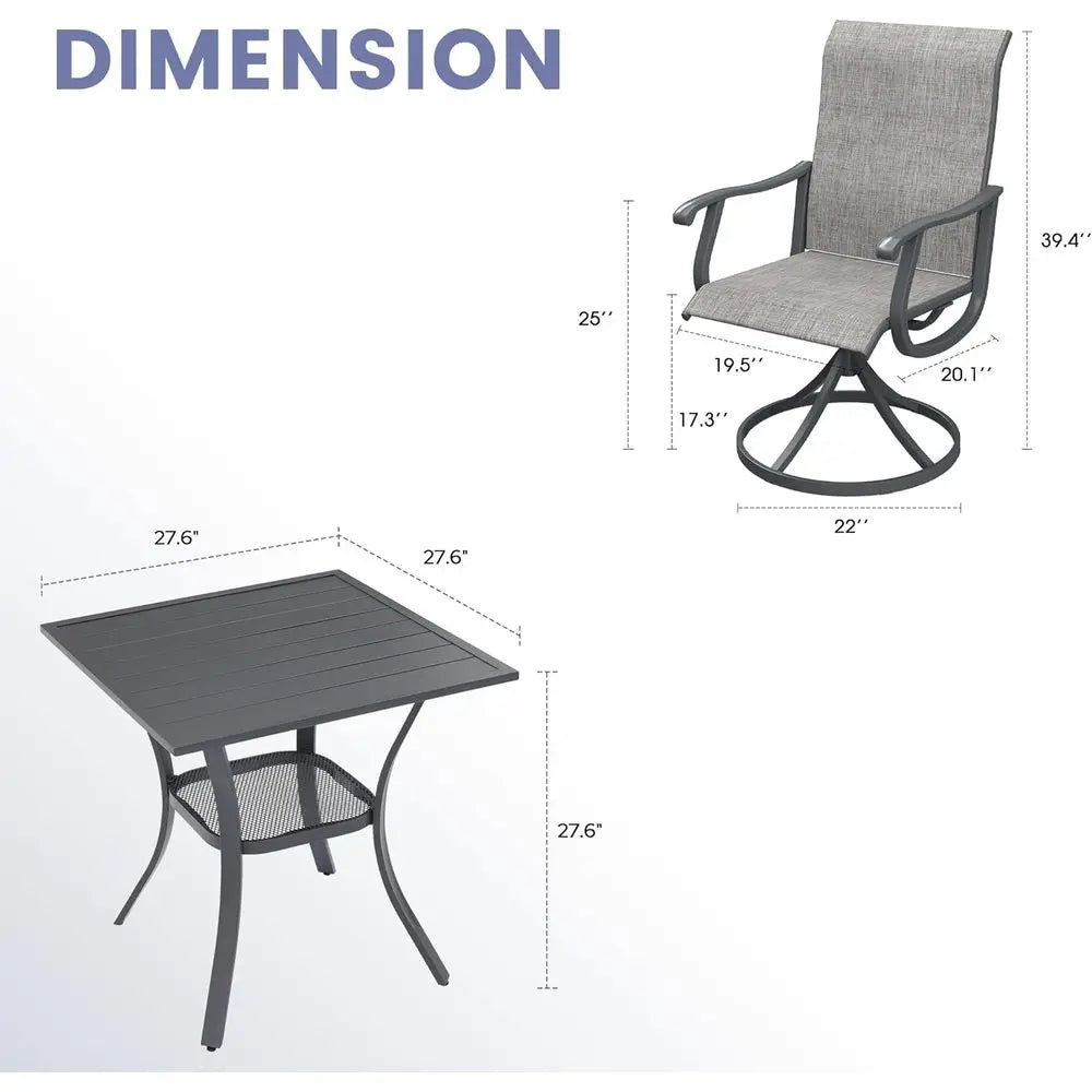 Grey Patio Dining Set: 2 Swivel Chairs & Storage Table for Outdoor Entertainment