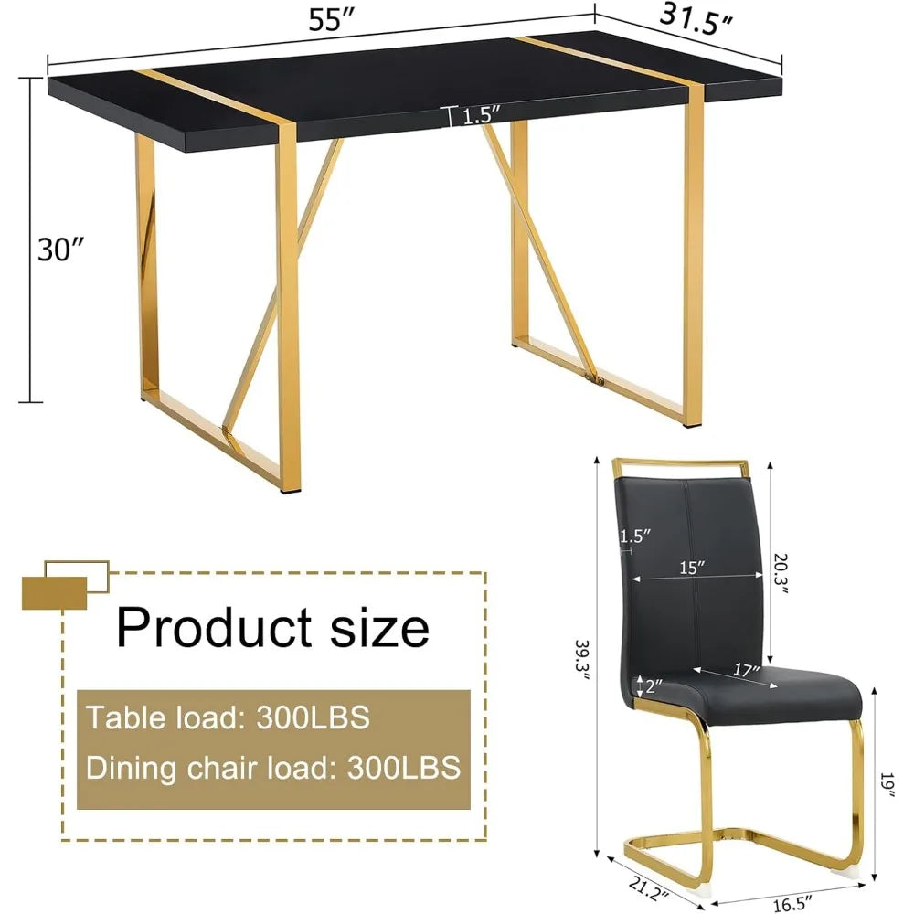 Gold 55 Dining Table Set for 4 with Black Leatherette Chairs and Black Wood Top