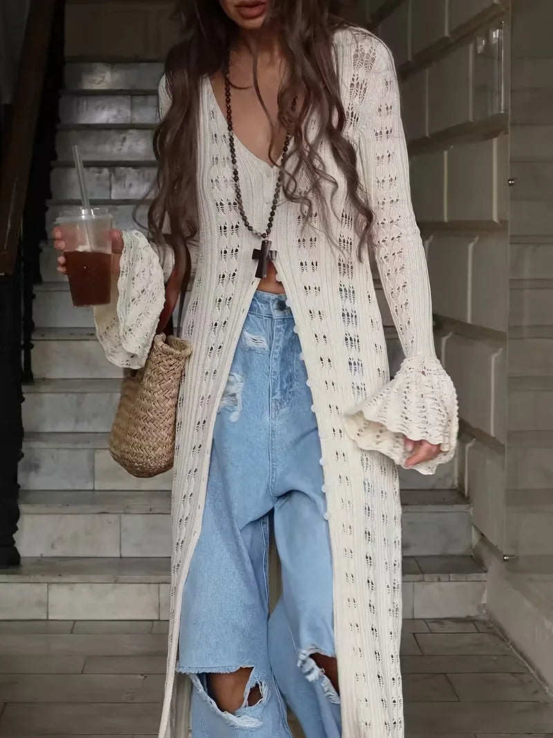 Women's Elegant Long Sleeve Cardigan - V-Neck Collar Button Front Closure, Solid Beige Layered Sweater for Spring/Fall, Casual t