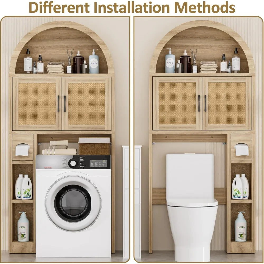 Over The Toilet Storage Cabinet, Bathroom Organizer Over Toilet with Rattan Doors, Arched Storage Organizer Cabinet with Anti-Ti