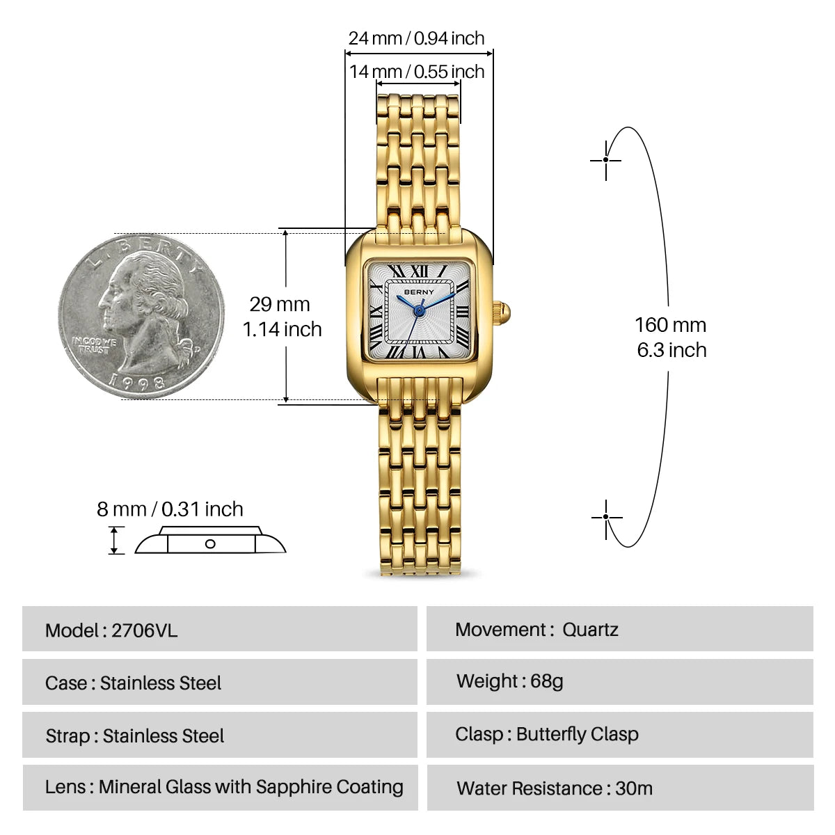 BERNY Gold Watch for Women Luxury Brand Square Quartz Ladies Watches Top Quality Fashion Elegant, Local Warehouse, Fast Delivery