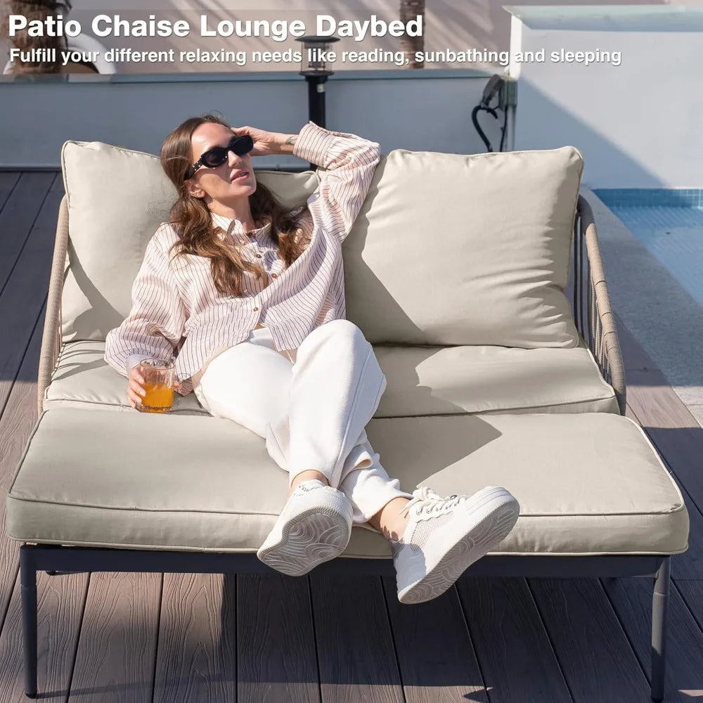 Patio Adjustable Daybed, 2-Person Outdoor Daybed with Cushions and Pillows, Woven Rope Patio Loveseat Garden Adjustable Reclinin