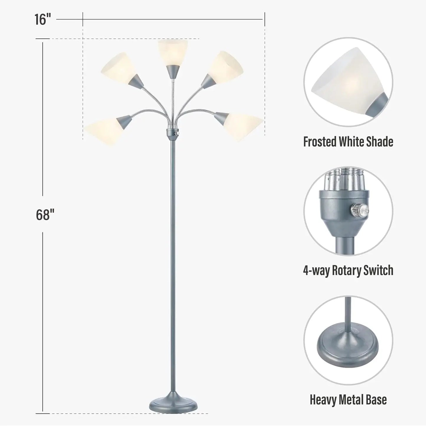 Medusa 5-Head Adjustable Floor Lamp, Large Shade, Silver, E26/A19 Bulb, Living Room Bedroom Reading Light
