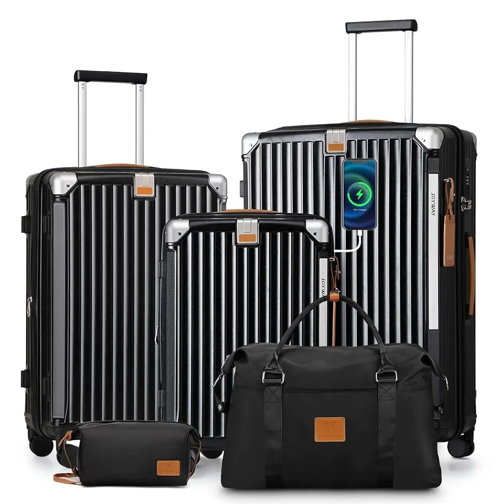 Joyway 3/5pcs Black Luggage Set, 20/24 inch Expandable Suitcase, Cup Holder, TSA Lock, Anti Slip Wheels, Lightweight Durable