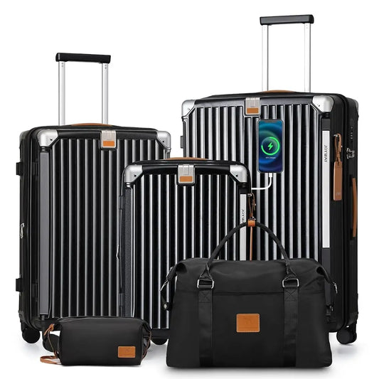 Joyway 3/5pcs Black Luggage Set, 20/24 inch Expandable Suitcase, Cup Holder, TSA Lock, Anti Slip Wheels, Lightweight Durable