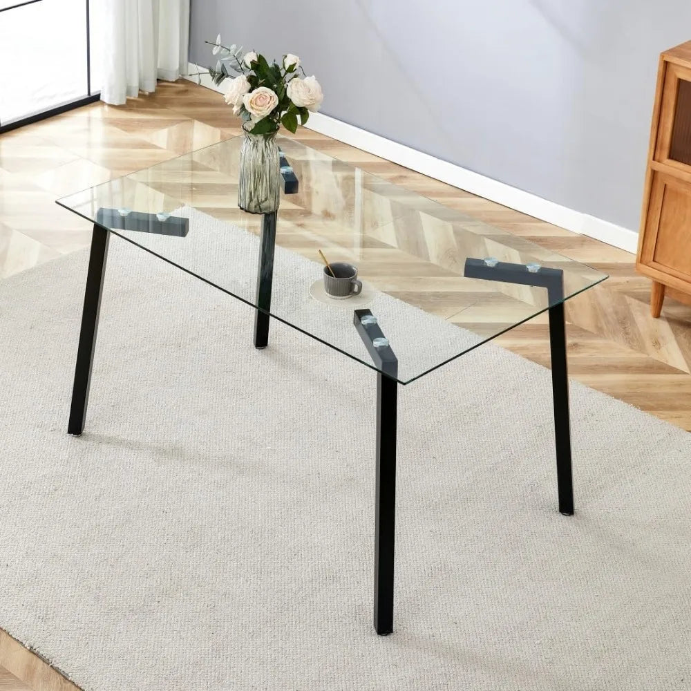 Modern Large Dining Room Table with Tempered Glass Top and Metal Legs - Spacious Home Dining Table