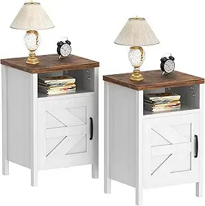 Modern Bedside Tables Set of 2, Nightstand with Barn Door and Open Shelf, Side Table for Small Spaces, Sleek and Compact Design
