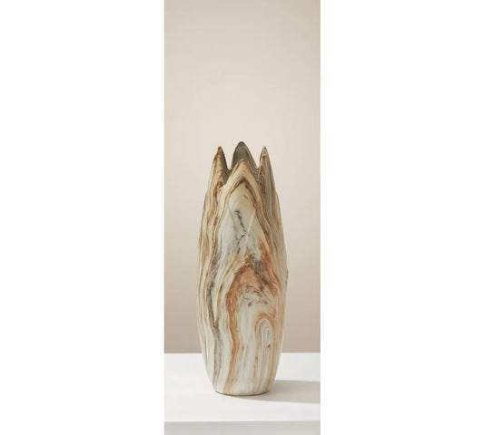 Modern Ceramic Vase with Marbled Finish, Angled Edge Design for Home Decor, Rust Accents, 7x7x21 Inches Beige Centerpiece