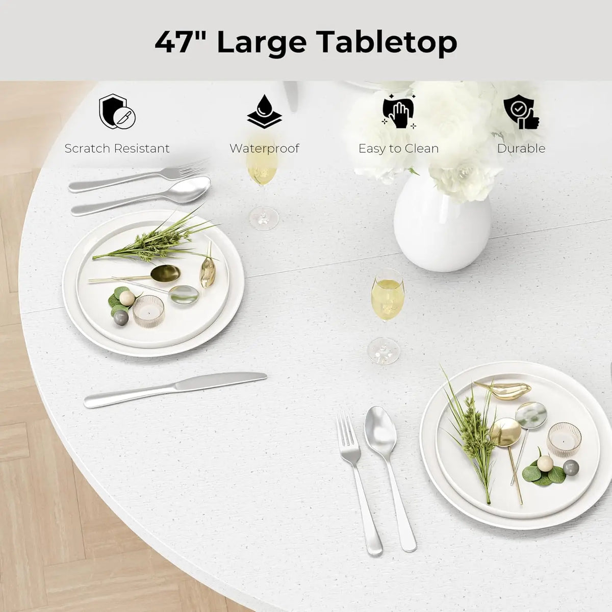 IRONCK Round Dining Table for 4, 47 inch Modern Farmhouse Kitchen Table with Storage Shelf and Wood Slide Doors for  Kitchen