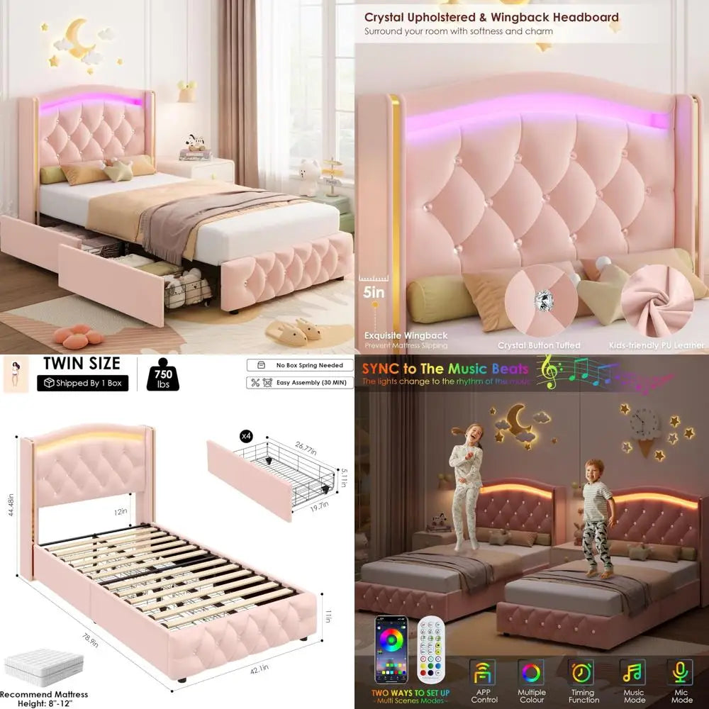 HIFIT Upholstered Twin LED Bed Frame with Crystal Button-Tufted Headboard and 4 Storage Drawers, Velvet Princess Twin Size Platf