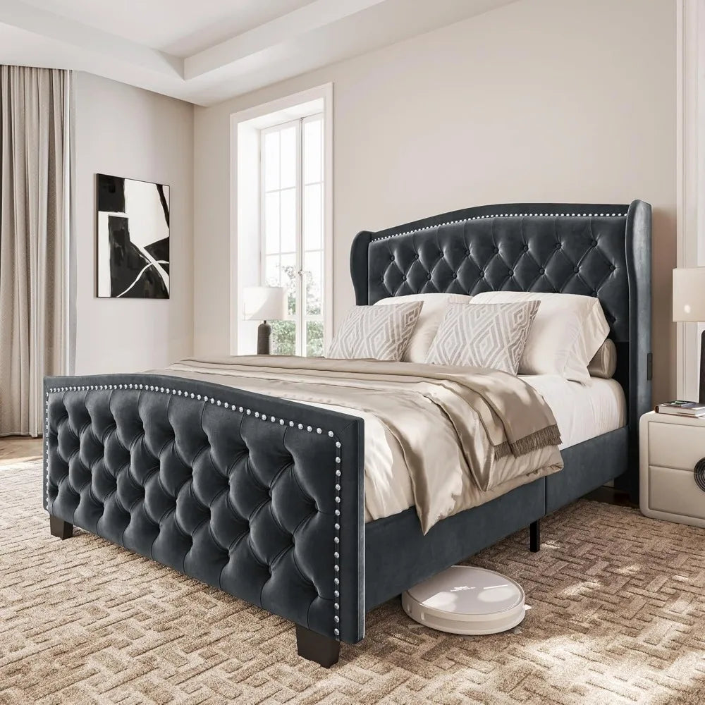 BELLEZE Queen Headboard Bed Frame with Fast Charging Port, Upholstered Platform Bed Frame with Handmade Button Tufted Headboard,