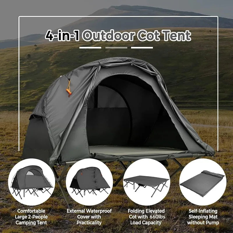 Tangkula 2-Person Tent Cot, Folding Tent with Waterproof Rainfly, Self-Inflating Mattress & Roller Carrying Bag, with Lamp Hook