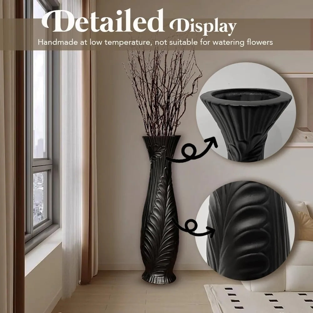 Elegant Large Black Ceramic Floor Vase, 30 Tall, Handcrafted for Home Decor, Living Room, Feather Pattern, Wide Decorative Vase