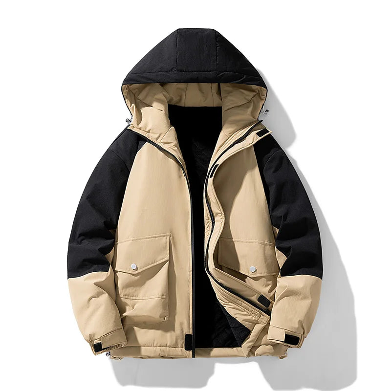 Large-sized Down Jacket Fleece Work Jacket Loose and Versatile Mens Clothing for Teenagers Warm Hooded Cotton-padded Jackets Men