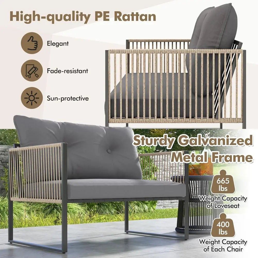 Grey Outdoor PE Rattan Sofa Set with Cushions and 2-Tier Glass Table for Patio, Garden, Balcony