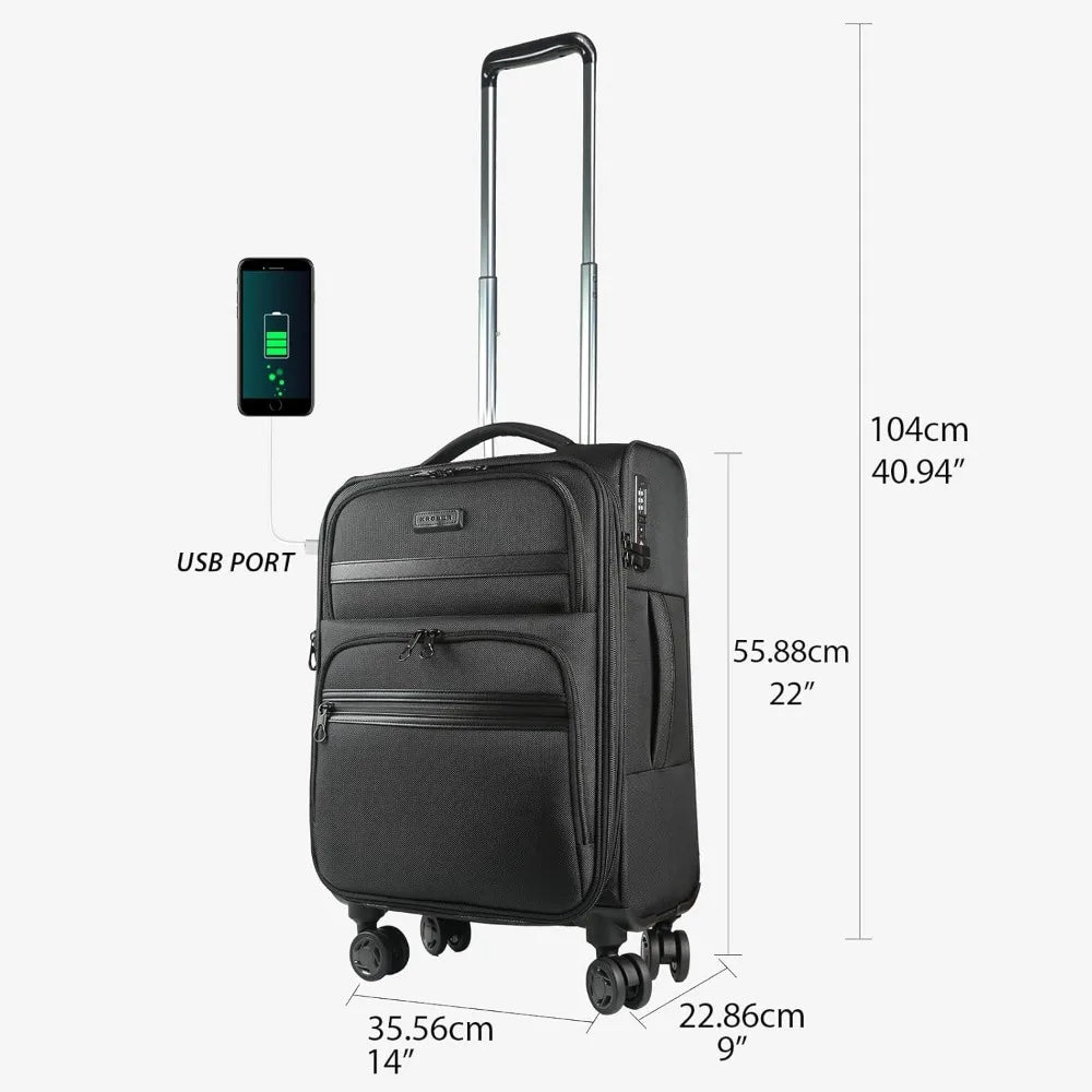 Expandable Softside Spinner Luggage with TSA Lock, Durable Rolling Suitcase for Travel with Built-in USB Port, Long-Lasting Ligh