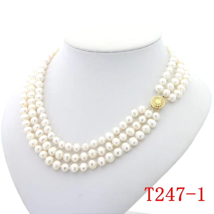 3 Rows Freshwater Pearls Necklace Wedding Jewelry Set for Women 7-8mm Beads Multicolor Selection Birthday Party Clavicle Chain