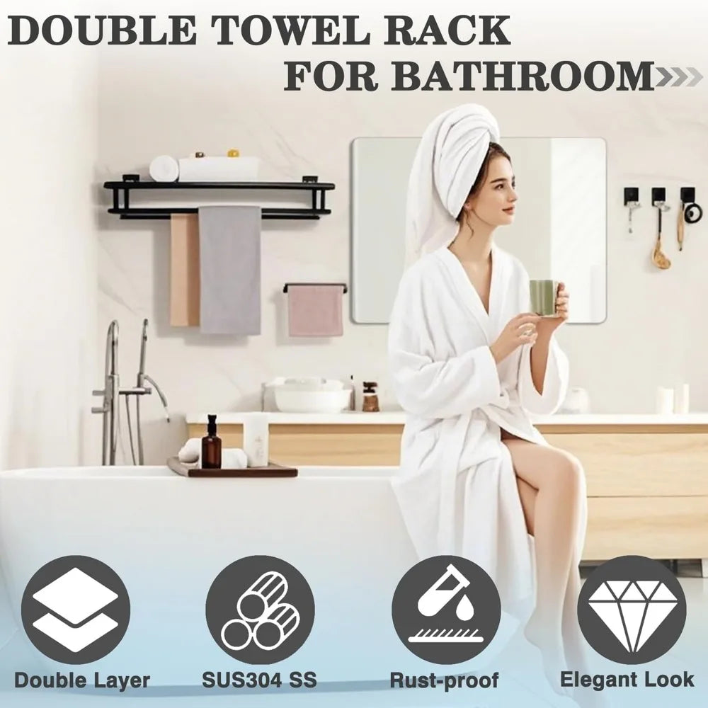 Stainless Steel Double Towel Bar with Shelf, Wall Mount Bathroom Towel Holder, Matte Black for Modern Home Decor