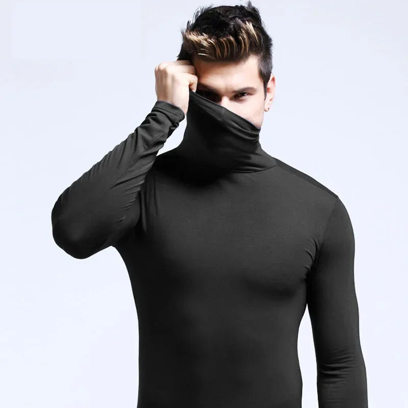 Spring New Men's Turtleneck T-shirt Long Sleeve Slim Fit Solid Color High Elastic Bottoming Pullovers Basic Style Male Tops