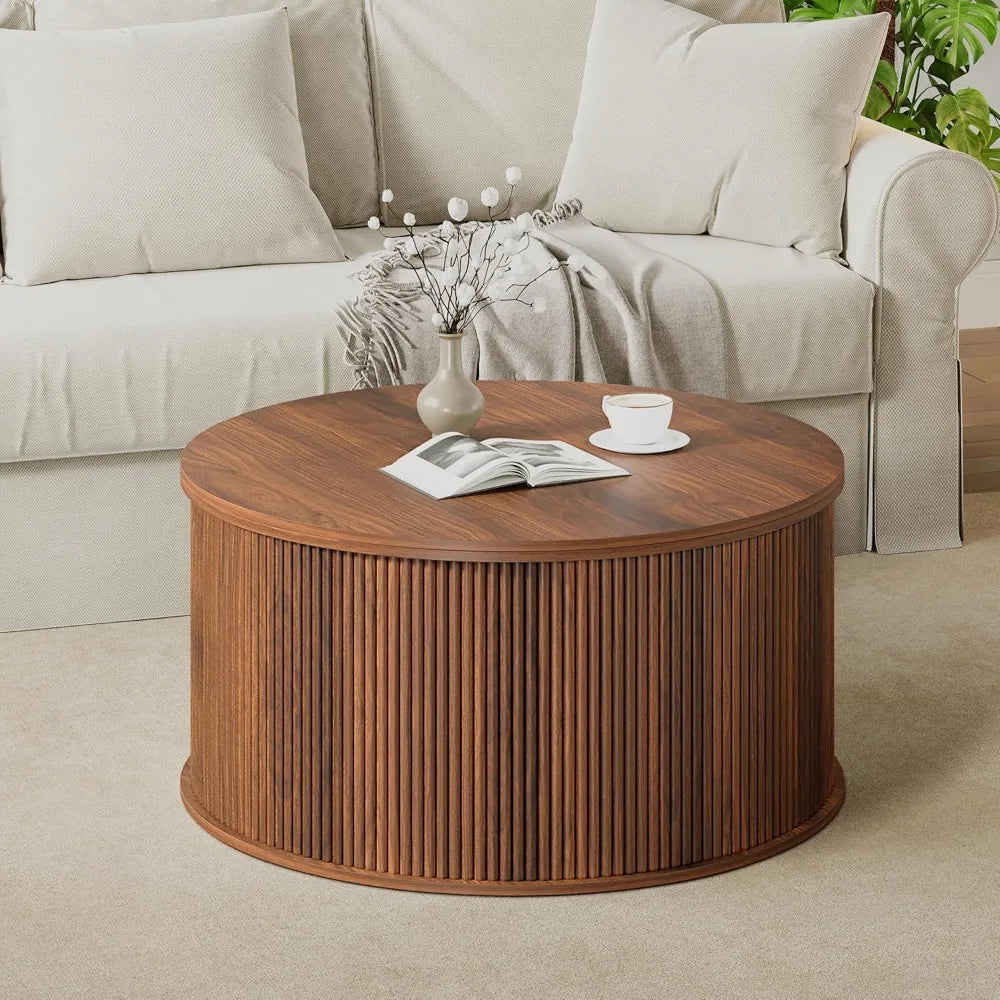 "Round Fluted Lift-Top Coffee Table with Storage for Farmhouse Style Living Room and Dining Area"