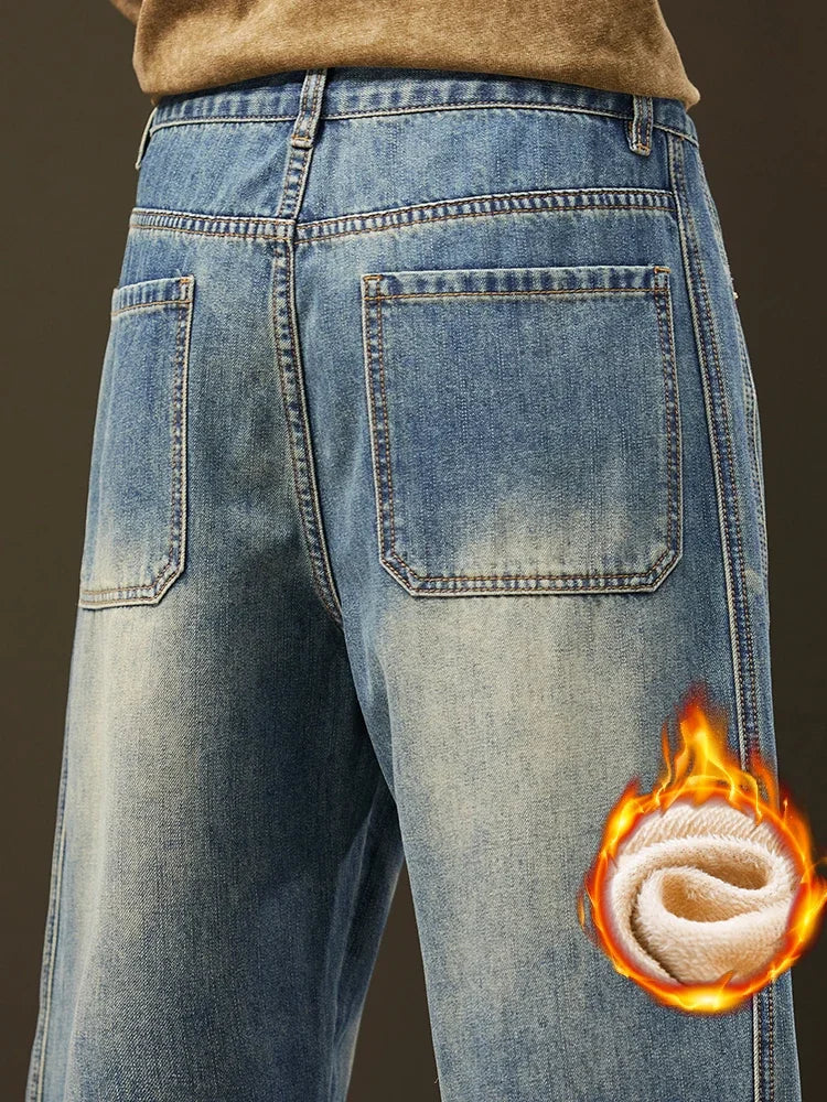 Winter Warm Fleece Jeans Men's Thickened Loose Wide-leg Denim Pants Vintage Wash Casual Straight Velvet Trousers Streetwear