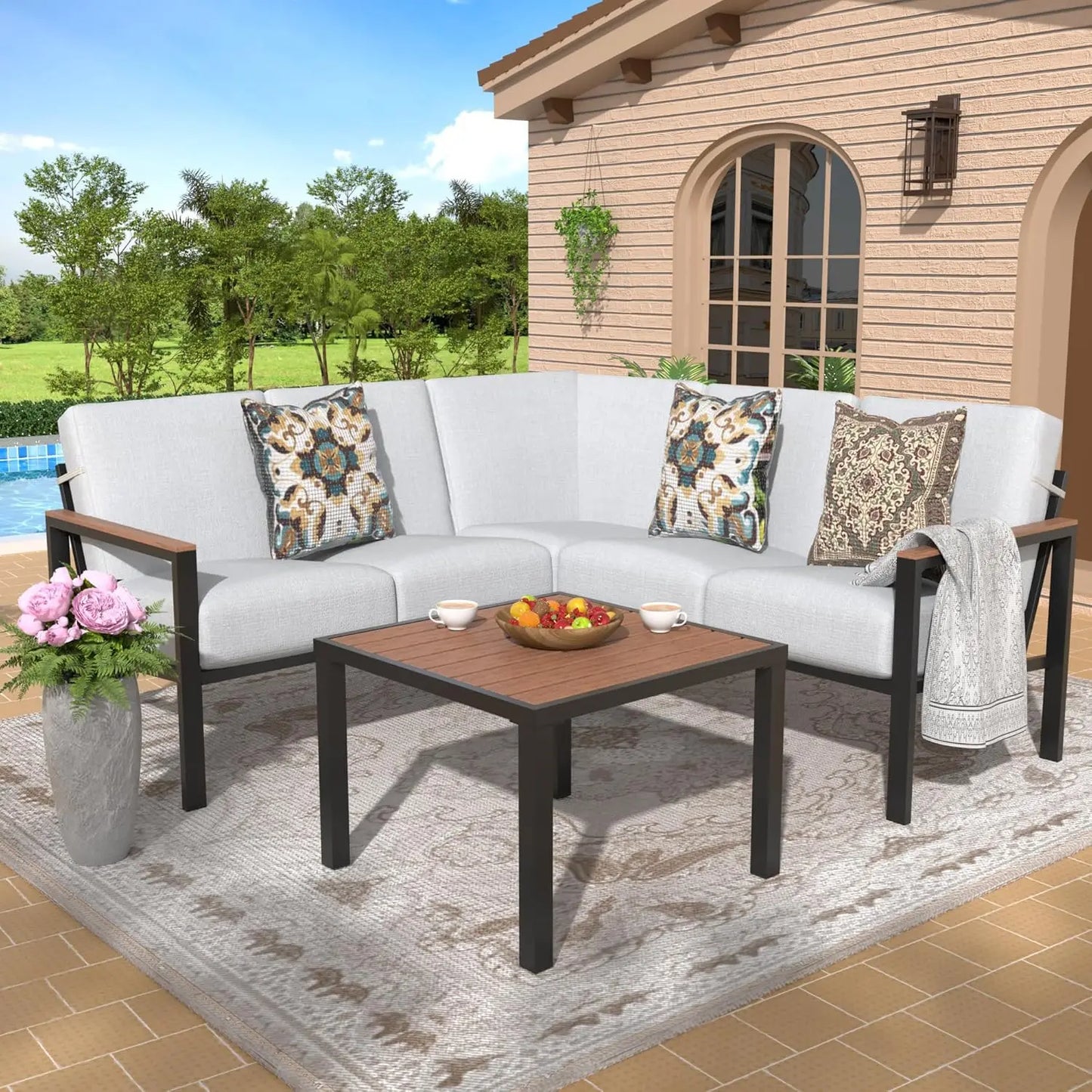 6 Pieces Outdoor Patio Furniture Set with Thick Olefin Cushions Ergonomic Design Highback Fauxwood Armrest And Tabletop