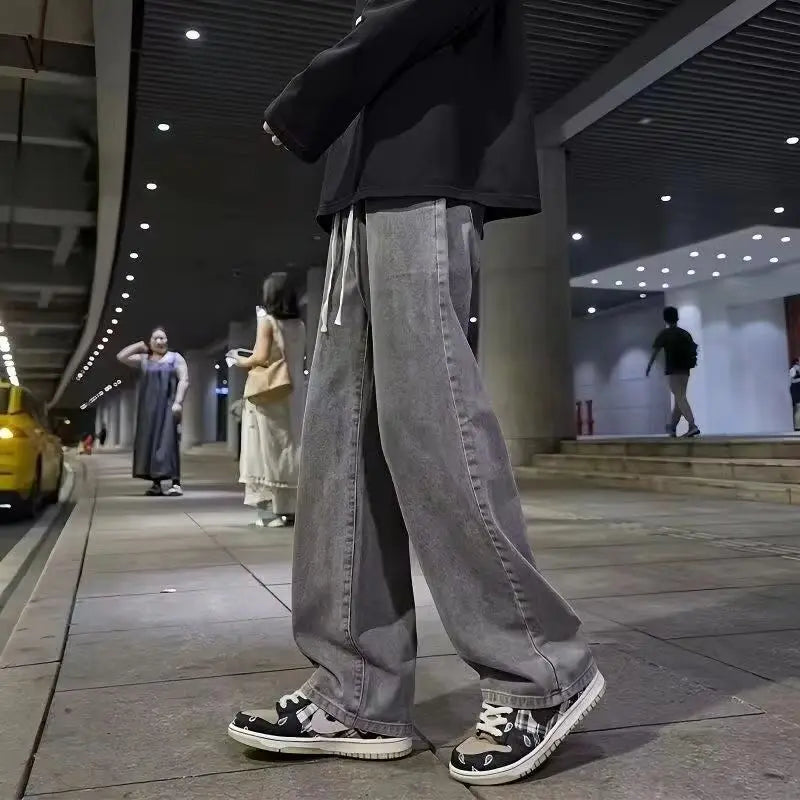 Autumn Men's Jeans Straight Denim Pants Banding Waist Cotton Streetwear Wide Leg Loose Casual  Long Jeans Trousers