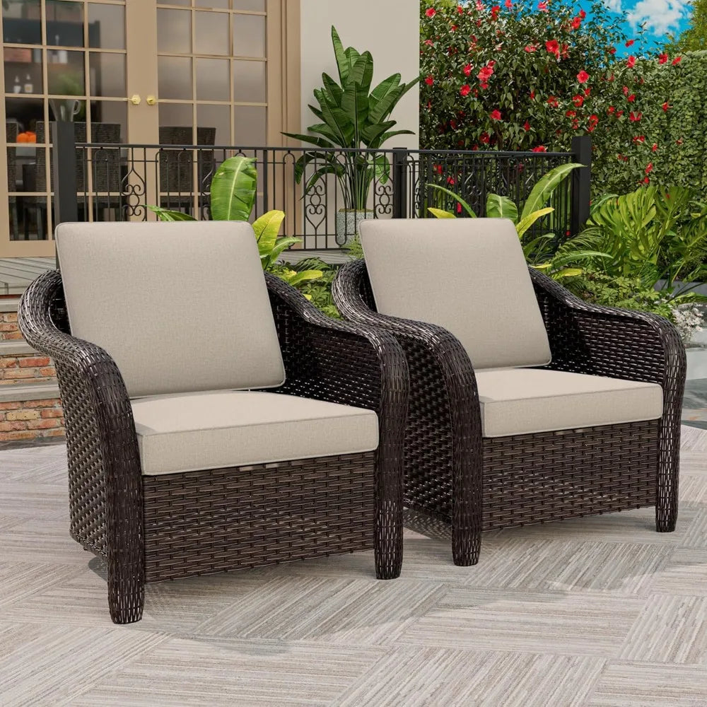 2-Piece Outdoor Wicker Chair Set All-Weather Patio Rattan with Seat & Back Cushion Ideal for Porch Backyard Balcony