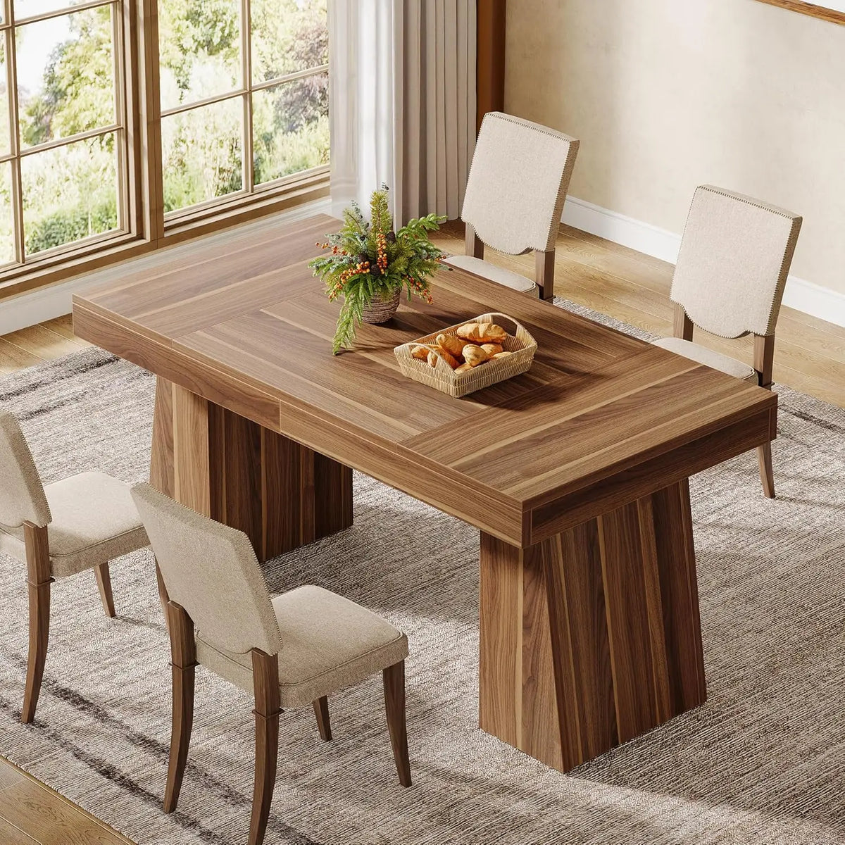 55-Inch Dining Table for 4-6, Rectangular Dining Room Table with Sturdy Legs, Wood Kitchen Dinner Table, Mid-Century