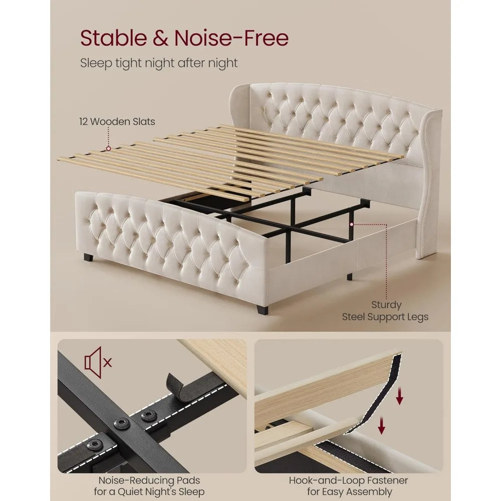 King Size Upholstered Platform Bed Frame with Tall Wingback Tufted Headboard and Footboard