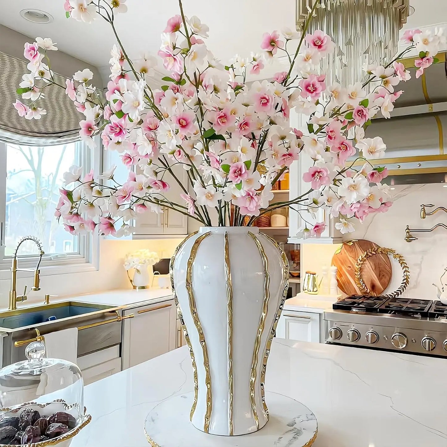 White and Gold Flower Vase,Large Decorative Ginger Jars for Centerpieces, Tabletop Home Décor, Bedroom,Living Room(A, 18in)