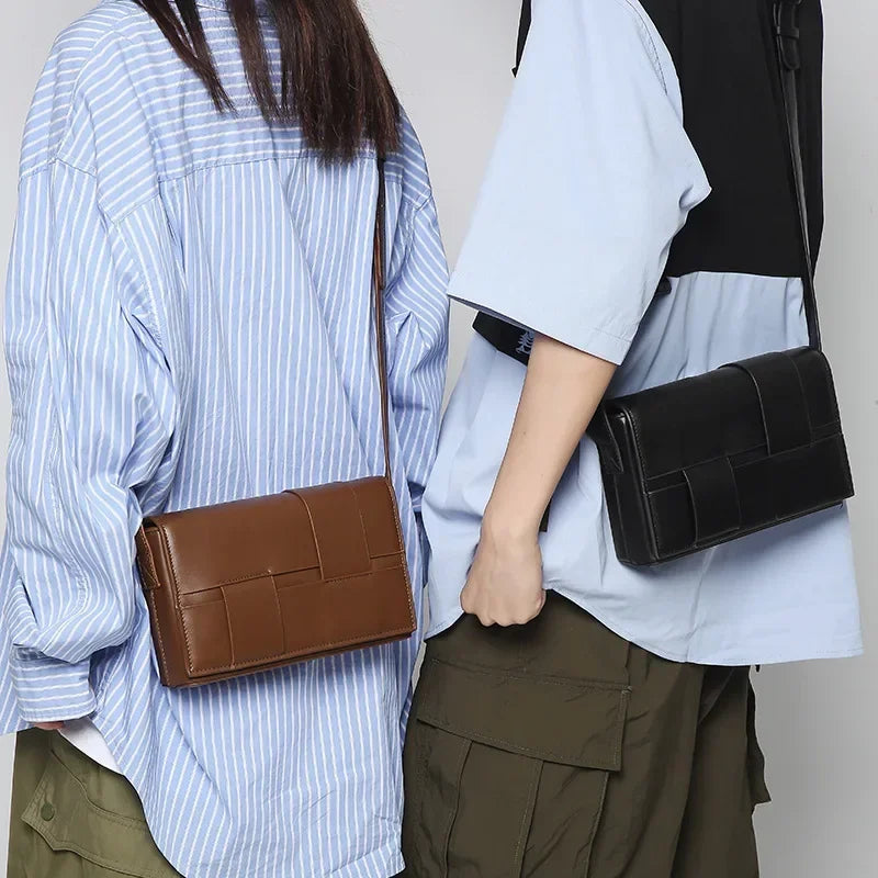 New Fashion Weave Men Crossbody Bag Casual Business Pu Leather Men's Messenger Woven Vintage Shoulder Handbags Bags