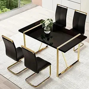 Gold 55 Dining Table Set for 4 with Black Leatherette Chairs and Black Wood Top