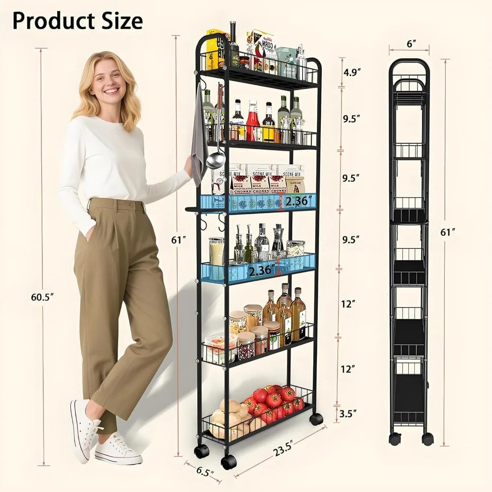 6-Tier Slim Rolling Cart with Handle – Wire Rack w/ Baskets for Kitchen Bathroom Laundry Office, Narrow
