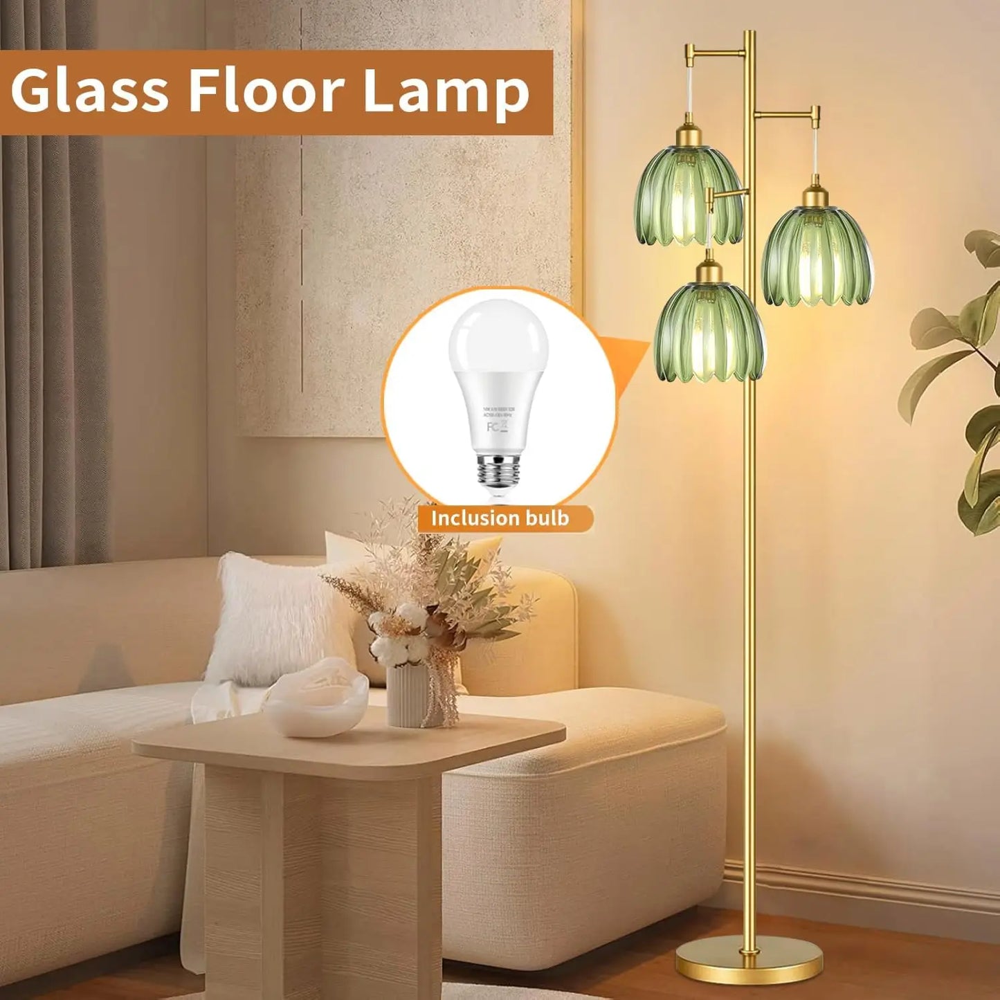 Gold Mid Century Modern Floor Lamp with Brass Tree, 3-Light Green Glass Shade for Living Room, Bedroom, Vintage Retro Style