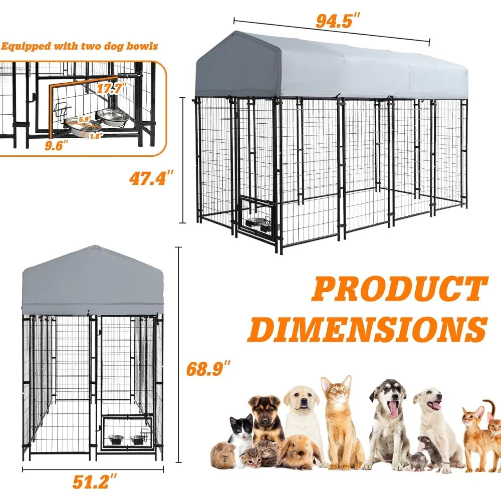 Heavy Duty Large Dog Kennel Playpen - 8x4x6 Ft Welded Wire Steel Dog Run Enclosure Crate Cage with UV-Resistant Roof
