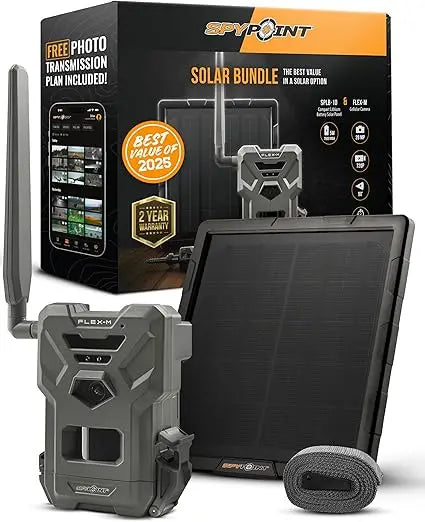 SPYPOINT Flex-M Solar Bundle - Cellular Trail Camera with Solar Panel, Best in Hunting Accessories, No WiFi Needed, GPS, Night V