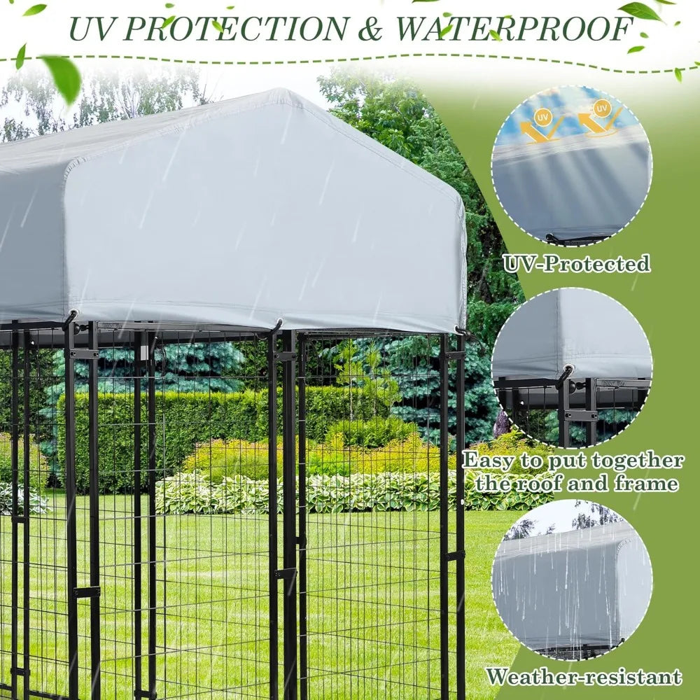 Outdoor Dog Kennel for Large Dogs, 8x4x6 FT Dog Enclosure with Waterproof, Heavy Duty Welded Wire Steel Dog Playpen Fence with