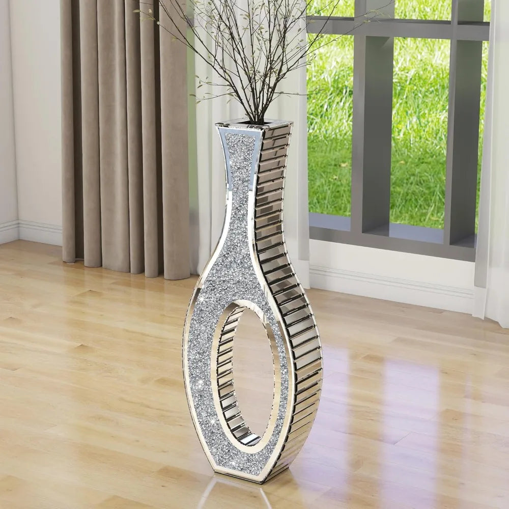 Floor Vase Crushed Diamond Mirrored Vase 30” Tall, Large Silver Tall Vases for Floor Crystal Hollow Decorative Glass Vase