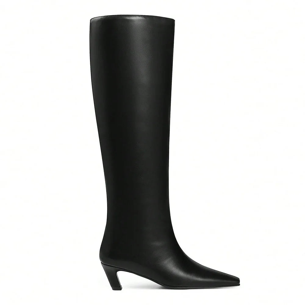 Stylish Women Knee High Boots Point Toe Kitten Med Heels Slip-On Sexy Party Street Wide Calf Boots For Woman Fashion Shoes