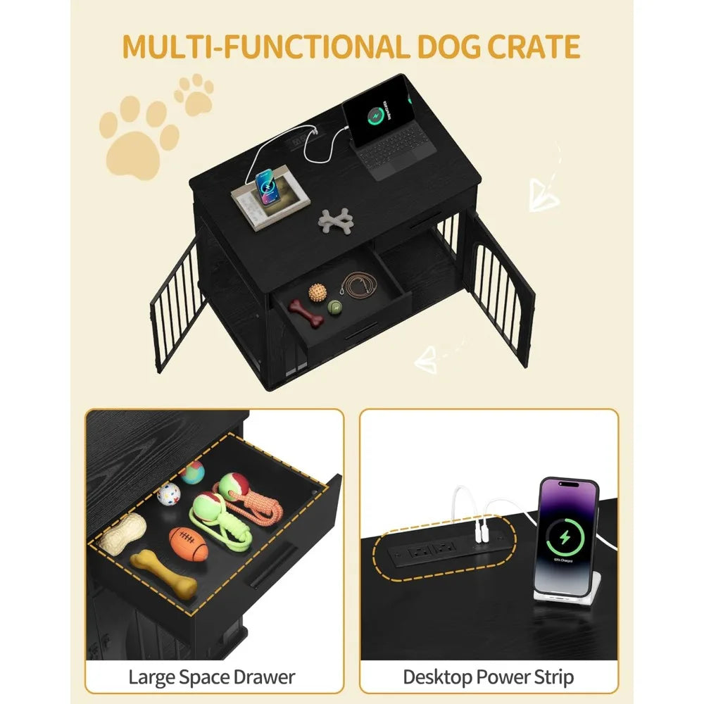 39.4'' large dog crate furniture with 2 storage drawers, heavy duty dog kennel indoor with charging station, wooden dog cage end