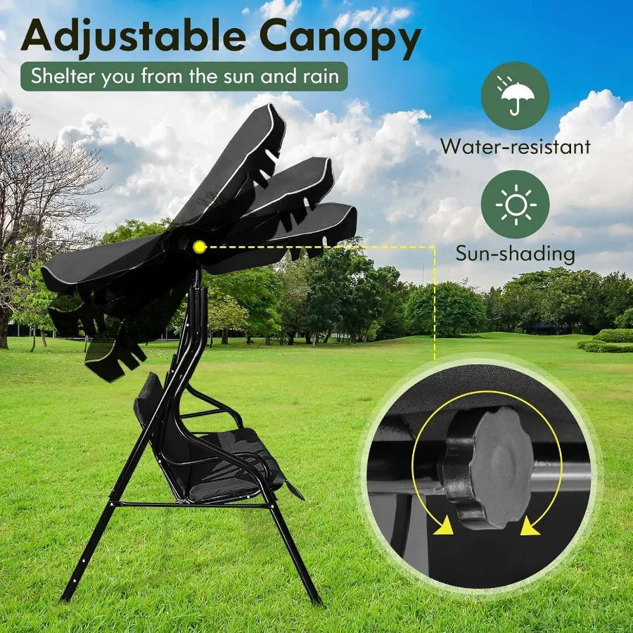 3 Person Outdoor Porch Swing with Removable Cushion and Adjustable Canopy for Patio Garden Courtyard and Poolside Use Heavy Dut