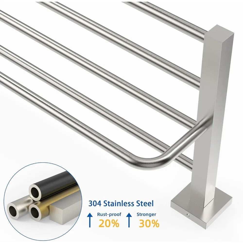 24 Inch Stainless Steel Square Base Towel Rack with Towel Bar, Wall Mounted Bathroom Shelf for Modern Home Decor