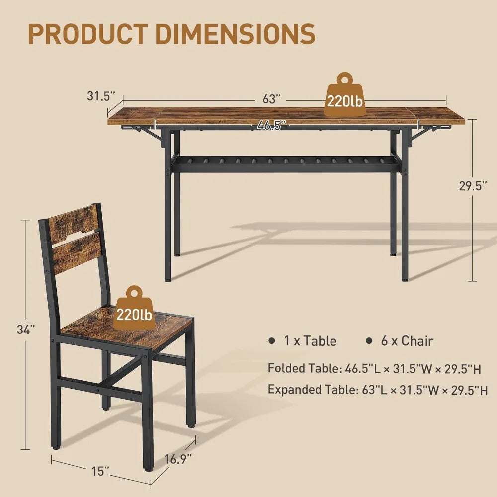 7-Piece Dining Table Set for 4-6, 63 Extendable Kitchen Table and 6 Chairs, Rectangle Dining Room Table Set for 6 with Wine Rack