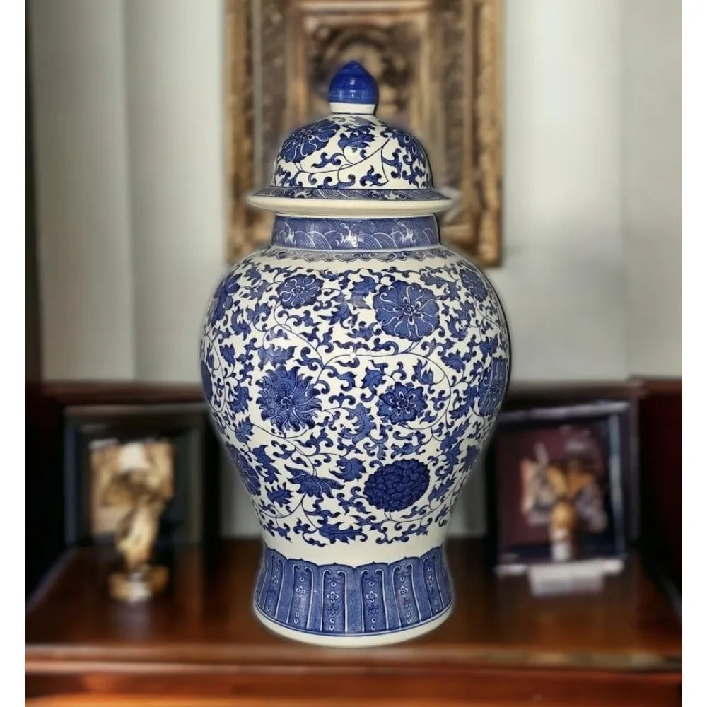 Large Antique-Inspired Blue and White Porcelain Floral Temple Jar Vase, Ming Dynasty Style, Handcrafted in Jingdezhen, China