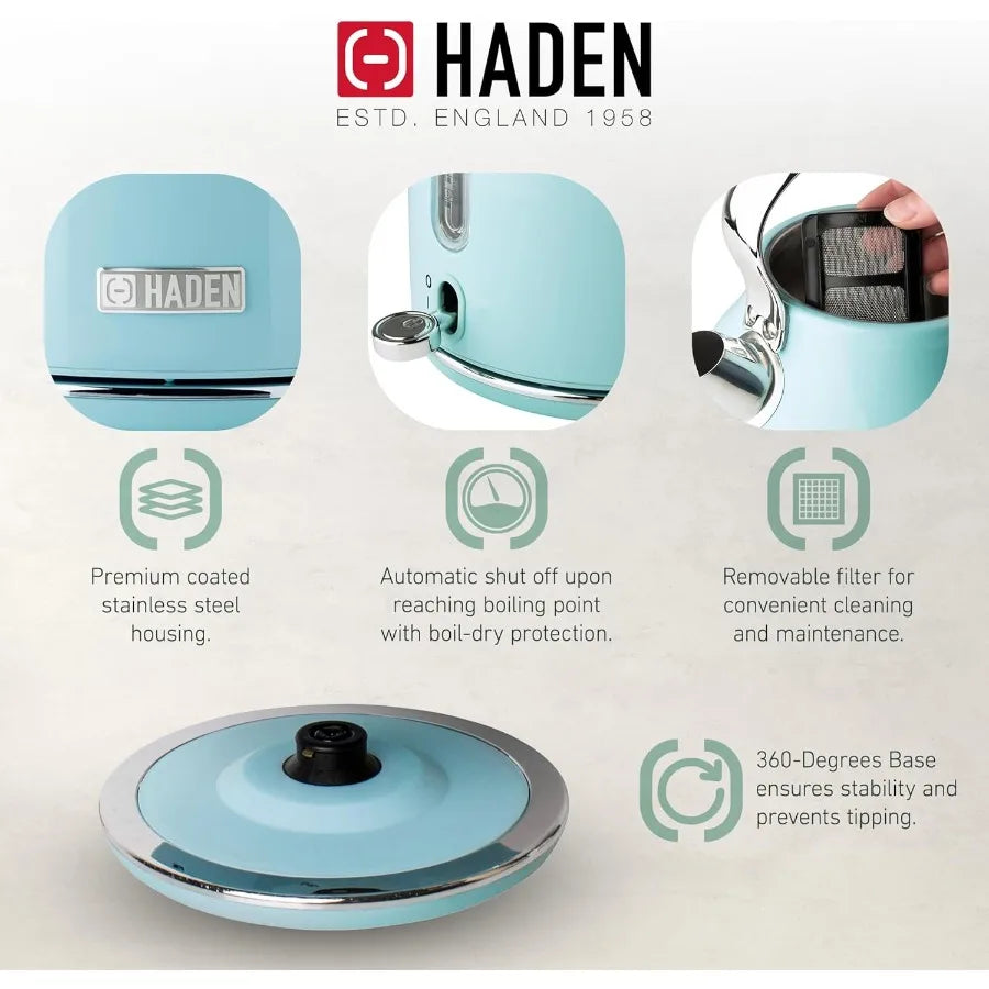 4Slice Wide Slot Stainless Steel Toaster with 1.7 Liter Stainless Steel Electric Water Kettle in Turquoise and Chrome Finish Id