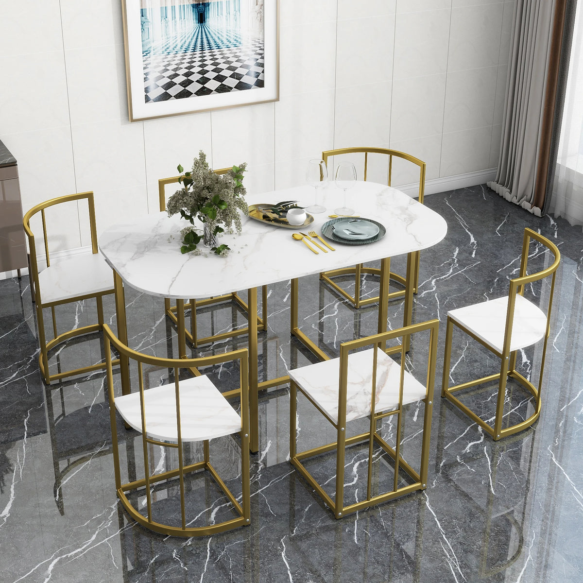 TOPMAX Modern 7-Piece Dining Table Set with Faux Marble Compact 55Inch Kitchen Table Set for 6