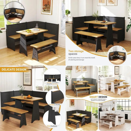 Space-Saving L-Shaped Breakfast Nook Set for 3-4 Seats with Hidden Storage - Corner Kitchen Dining Table and Bench Set in Farmho