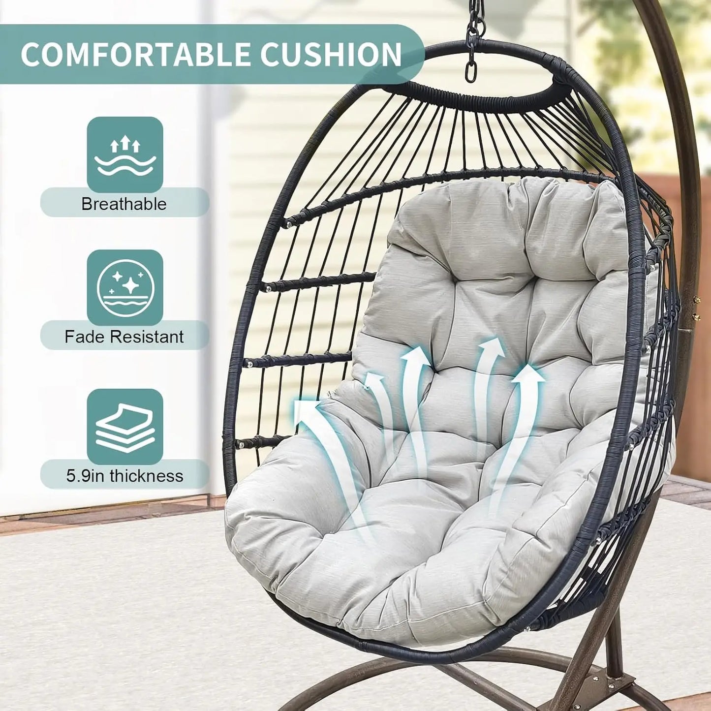 Hanging Egg Chair with Stand, Wicker Hammock Chair, Patio Swing, Foldable Basket, 350lbs Capacity for Indoor/Outdoor, Patio, Dec