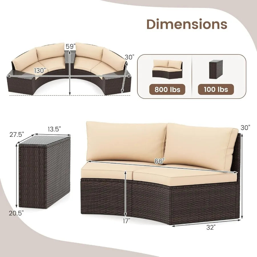 5 Pieces Patio Furniture Set with PE Rattan HalfMoon Curved Sectional Sofas and Tempered Glass Top Side Tables for Outdoor Conv